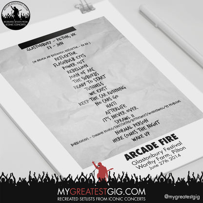 Arcade Fire - Glastonbury Festival - June 27th 2014 Recreated Setlist Poster