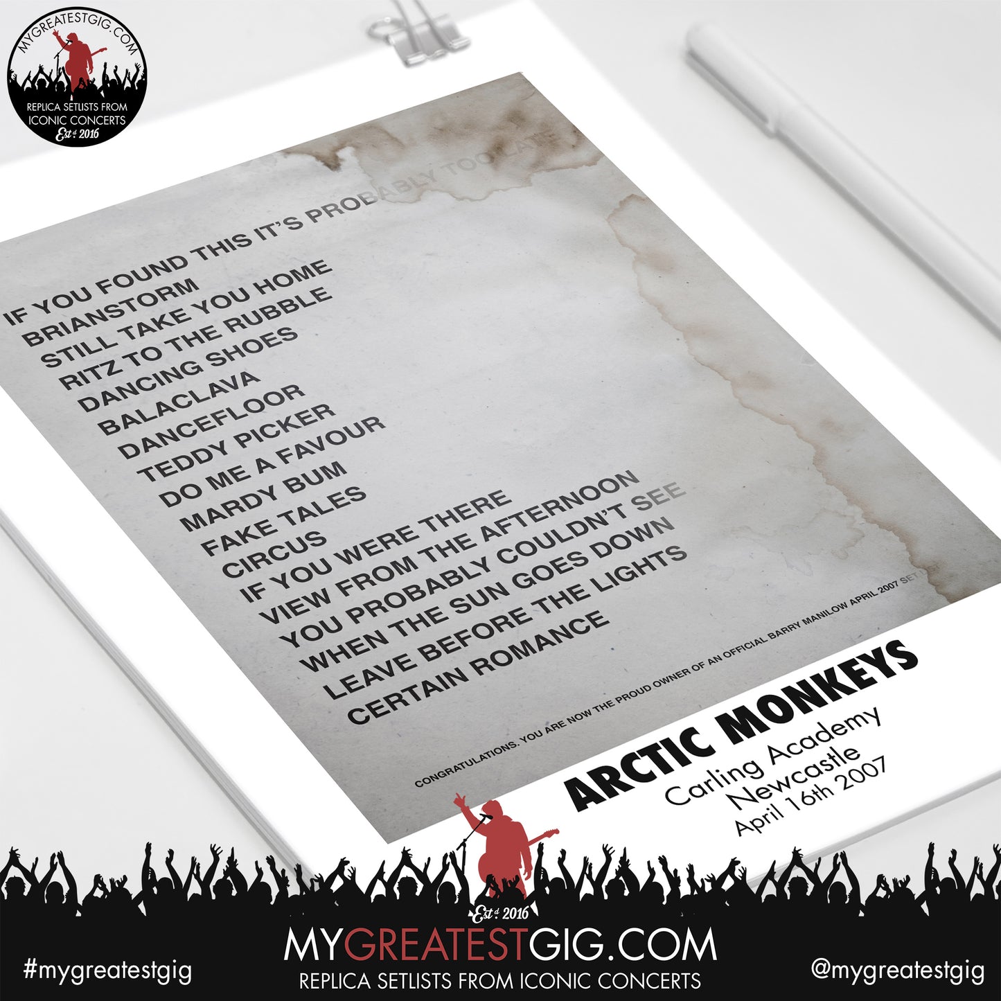 Arctic Monkeys - Newcastle - April 16th 2007 Replica Setlist Poster