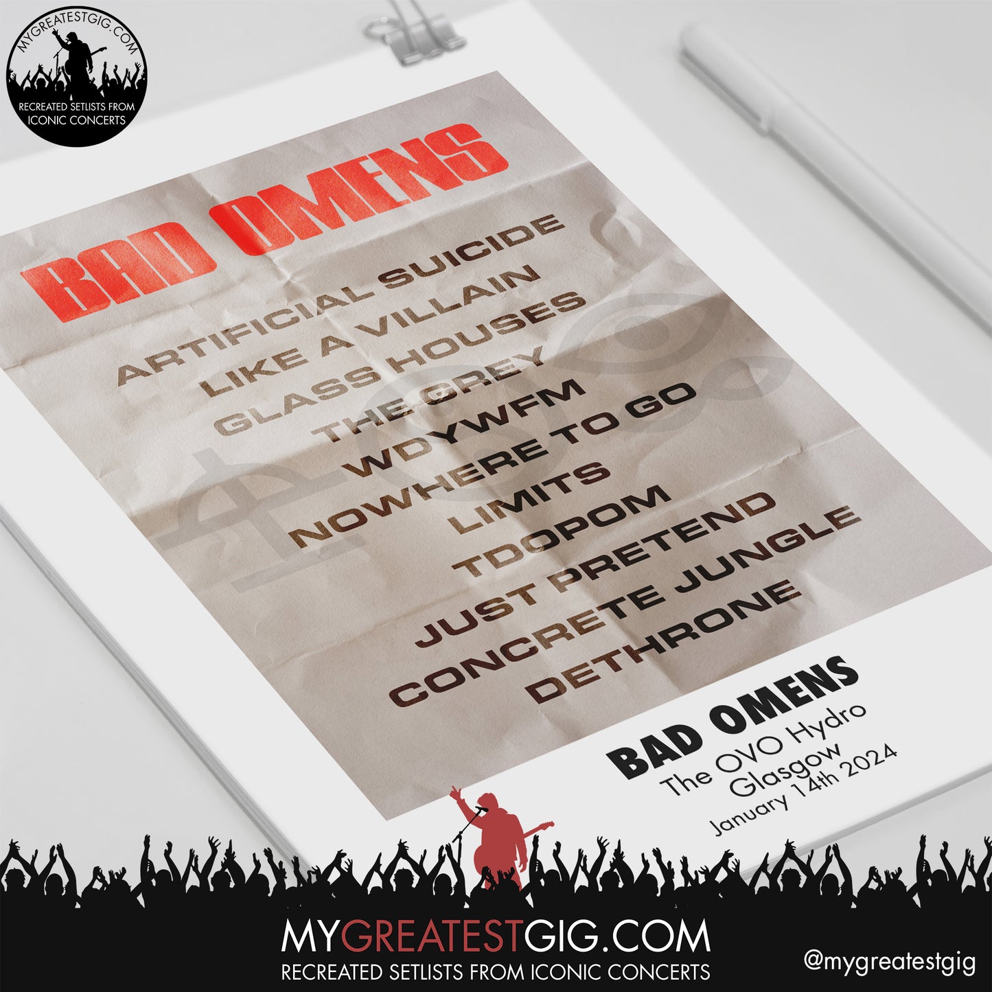 Bad Omens - Glasgow - January 14th 2024 Recreated Setlist Poster