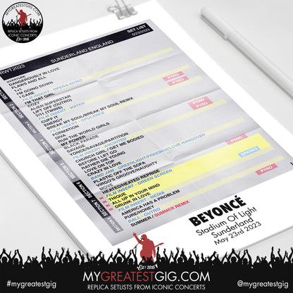 Beyoncé - Sunderland - May 23rd 2023 Replica Setlist Poster