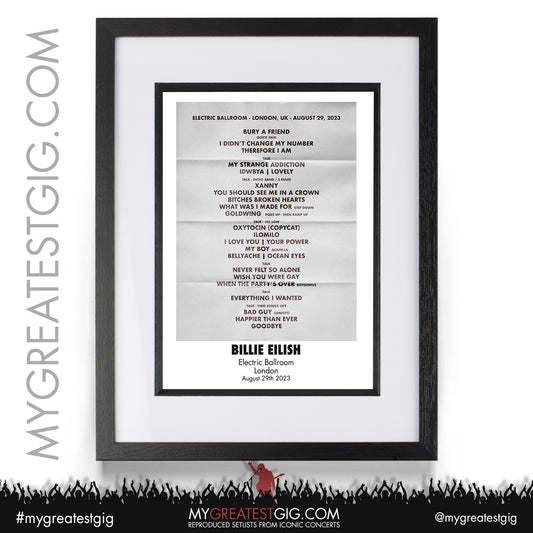 Billie Eilish - London - August 29th 2023 Recreated Setlist Poster