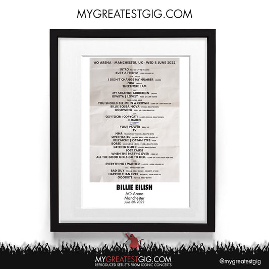 Billie Eilish - Manchester - Jun 8th 2022 Recreated Setlist Poster