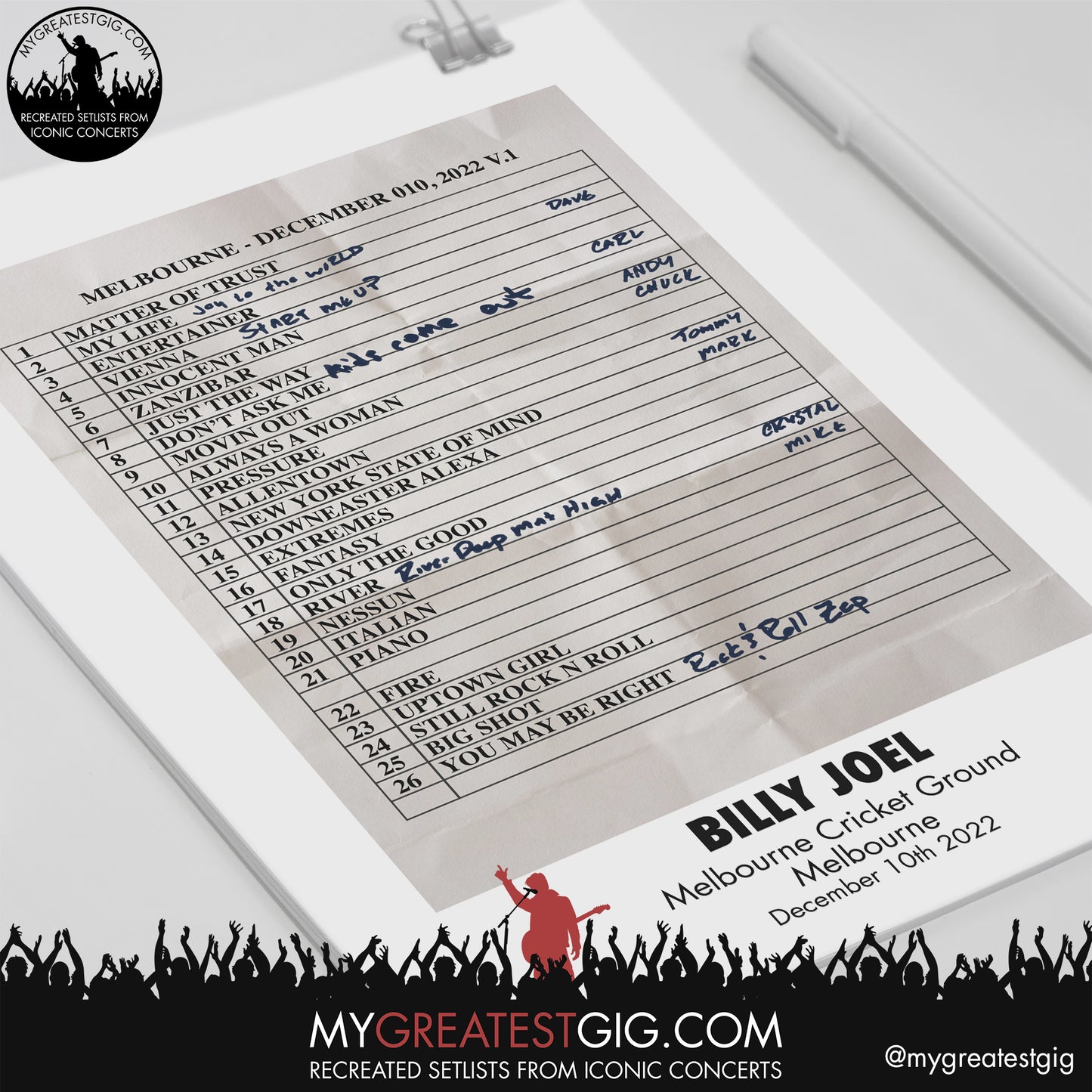 Billy Joel - Melbourne - December 10th 2022 Recreated Setlist Poster