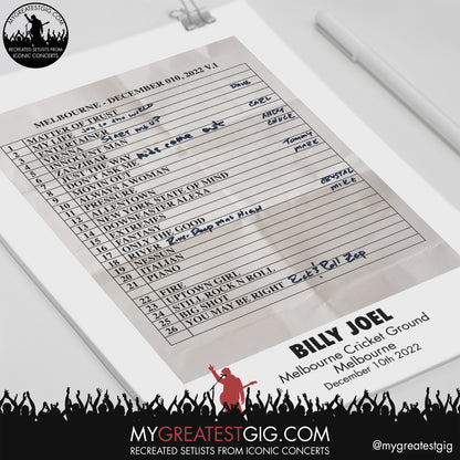 Billy Joel - Melbourne - December 10th 2022 Recreated Setlist Poster