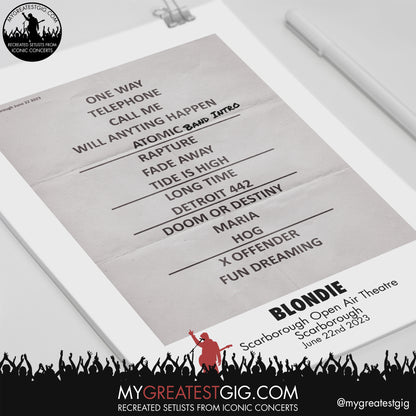 Blondie - Scarborough - June 22nd 2023 Recreated Setlist Poster