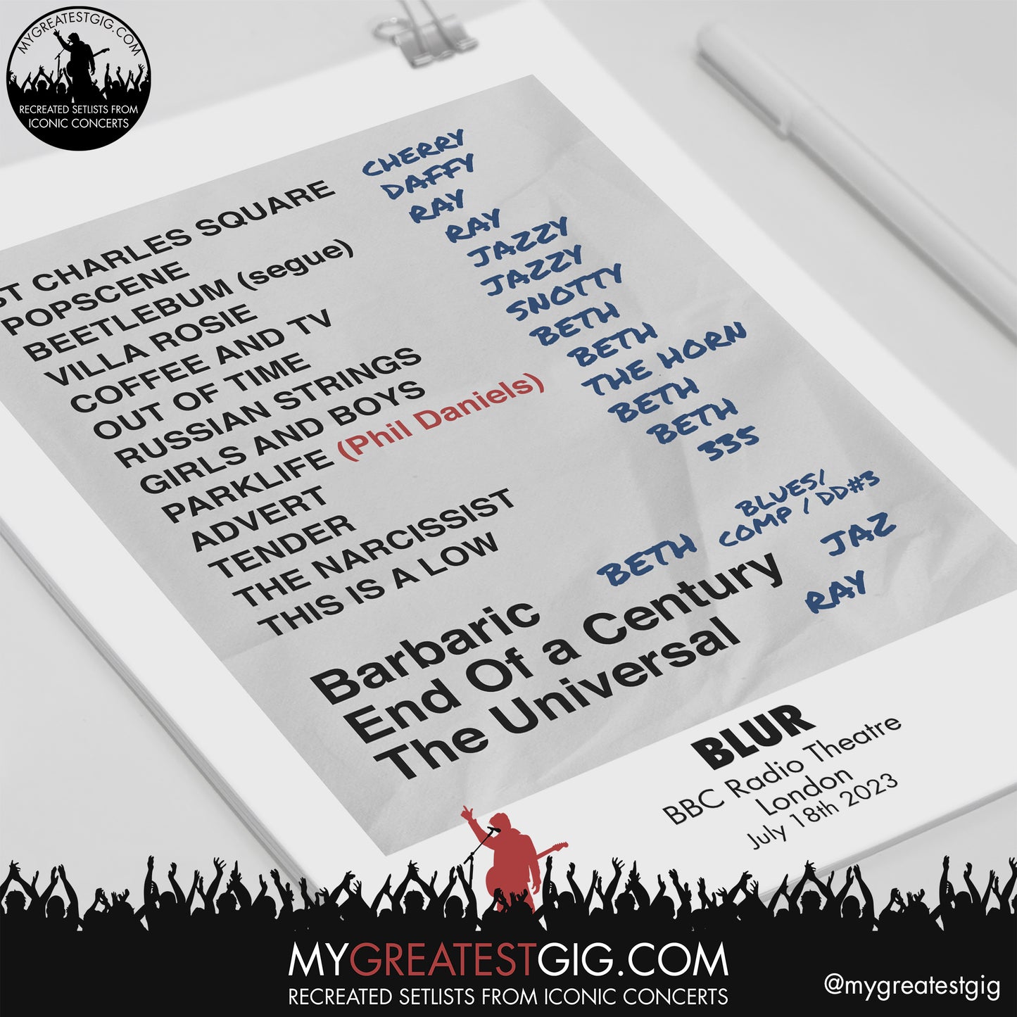 Blur - BBC Radio - July 18th 2023 Recreated Setlist Poster