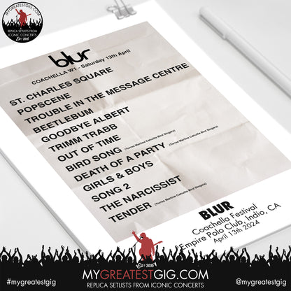 Blur - Coachella - April 13th 2024 Replica Setlist Poster