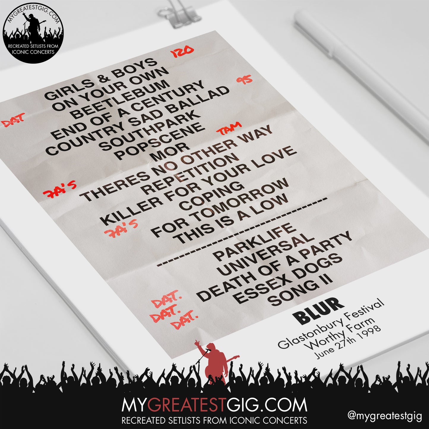 Blur - Glastonbury Festival - June 27th 1998 Recreated Setlist Poster