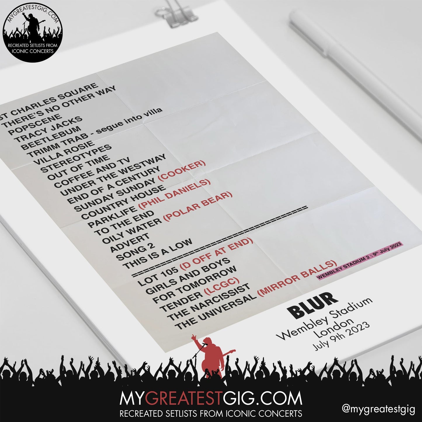 Blur - Wembley - July 9th 2023 Recreated Setlist Poster
