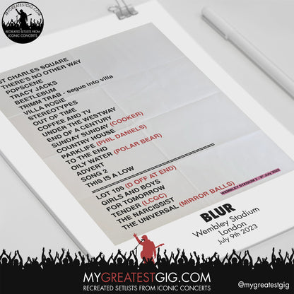 Blur - Wembley - July 9th 2023 Recreated Setlist Poster