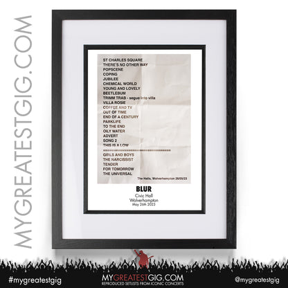 Blur - Wolverhampton - May 26th 2023 Recreated Setlist Poster