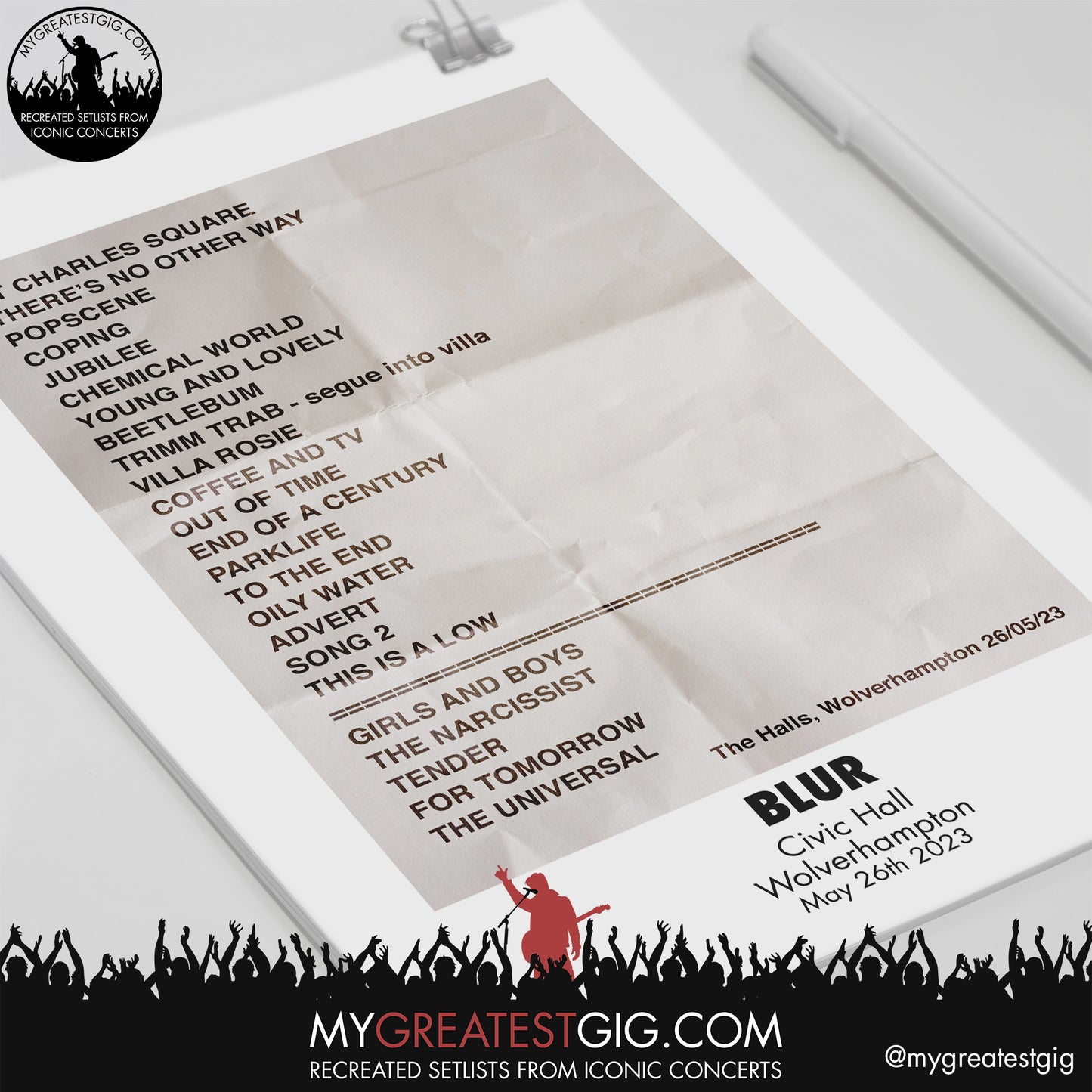 Blur - Wolverhampton - May 26th 2023 Recreated Setlist Poster