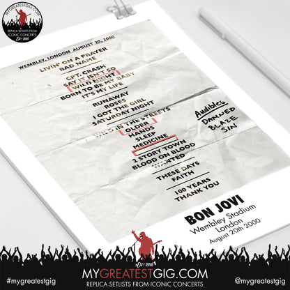 Bon Jovi - London - August 20th 2000 Replica Setlist Poster