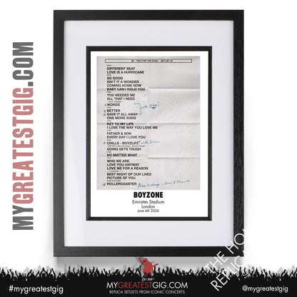 Boyzone - Two For The Road - Emirates Stadium - June 5th/6th 2026 Replica Setlist Poster