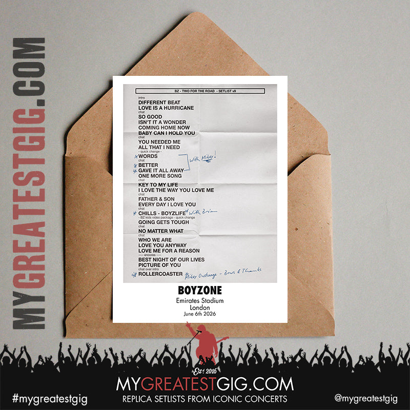 Boyzone - Two For The Road - Emirates Stadium - June 5th/6th 2026 Replica Setlist Poster