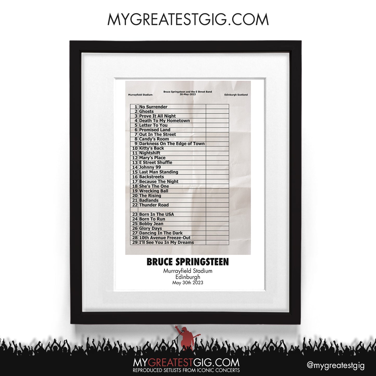 Bruce Springsteen - Edinburgh - May 30th 2023 Recreated Setlist Poster