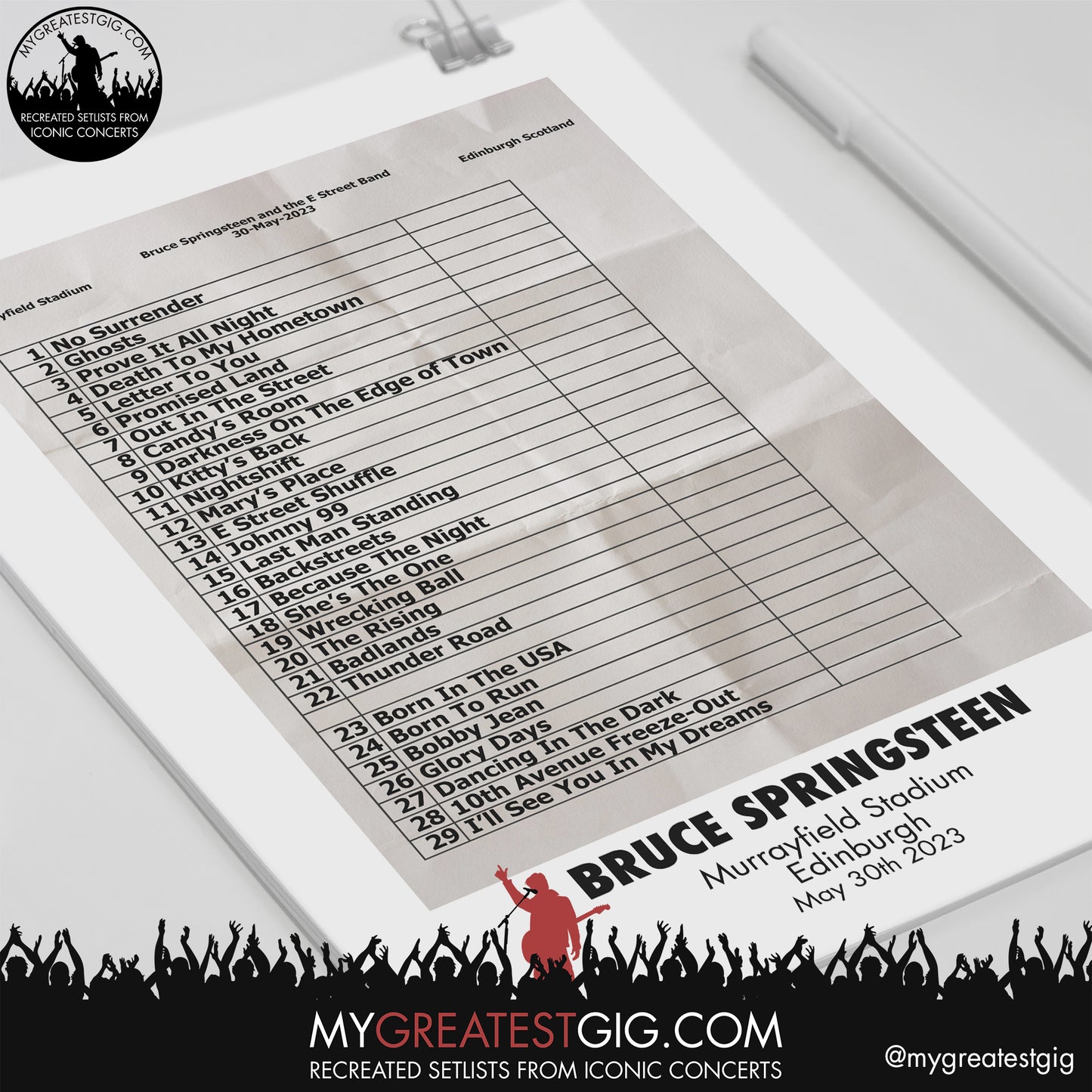 Bruce Springsteen - Edinburgh - May 30th 2023 Recreated Setlist Poster