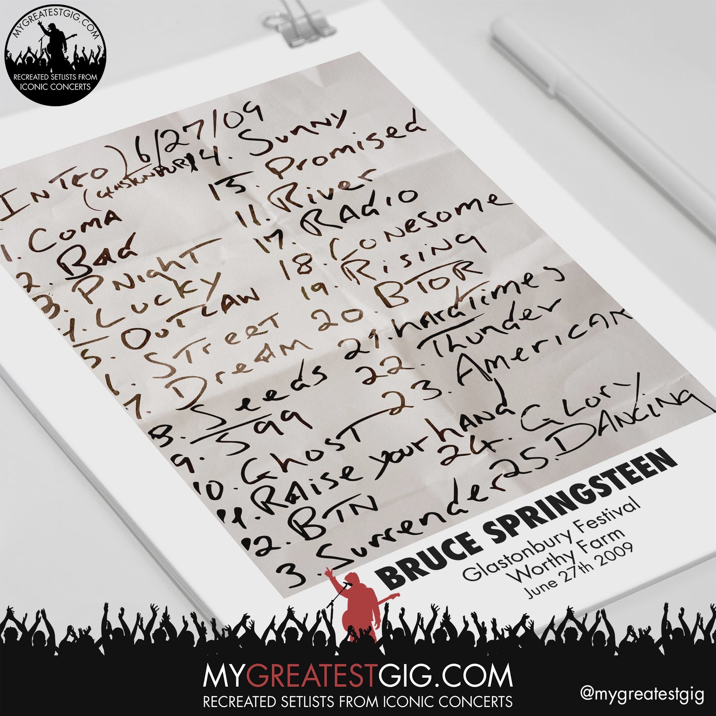 Bruce Springsteen - Glastonbury Festival - June 27th 2009 Replica Setlist Poster
