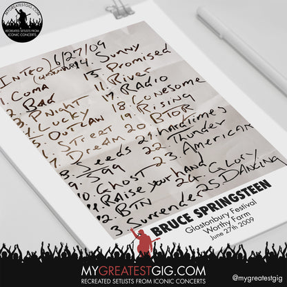 Bruce Springsteen - Glastonbury Festival - June 27th 2009 Replica Setlist Poster