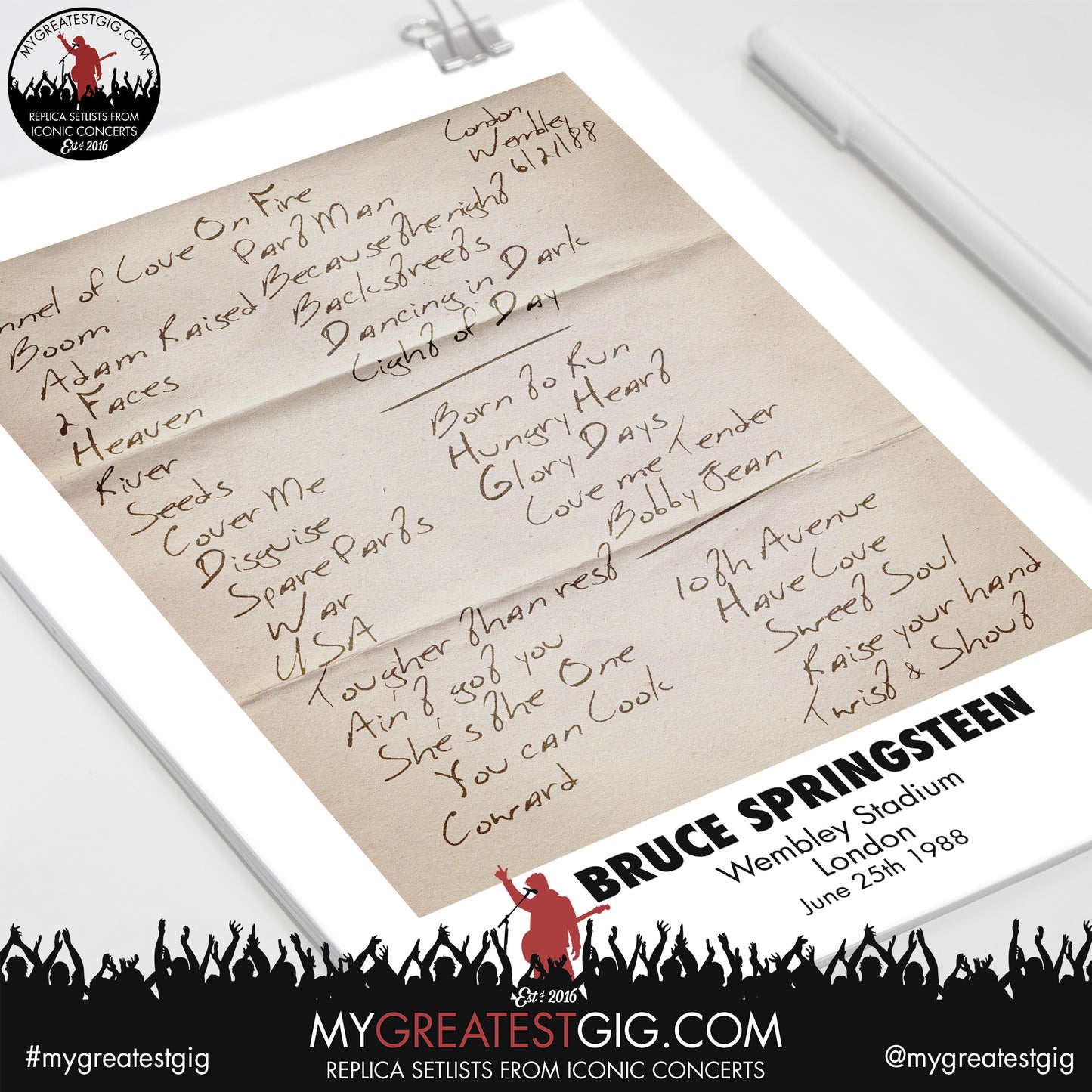Bruce Springsteen - Wembley Stadium - June 25th 1988 Replica Setlist