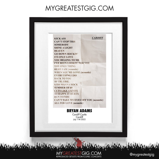Bryan Adams - Cardiff - July 11th 2022 Recreated Setlist Poster