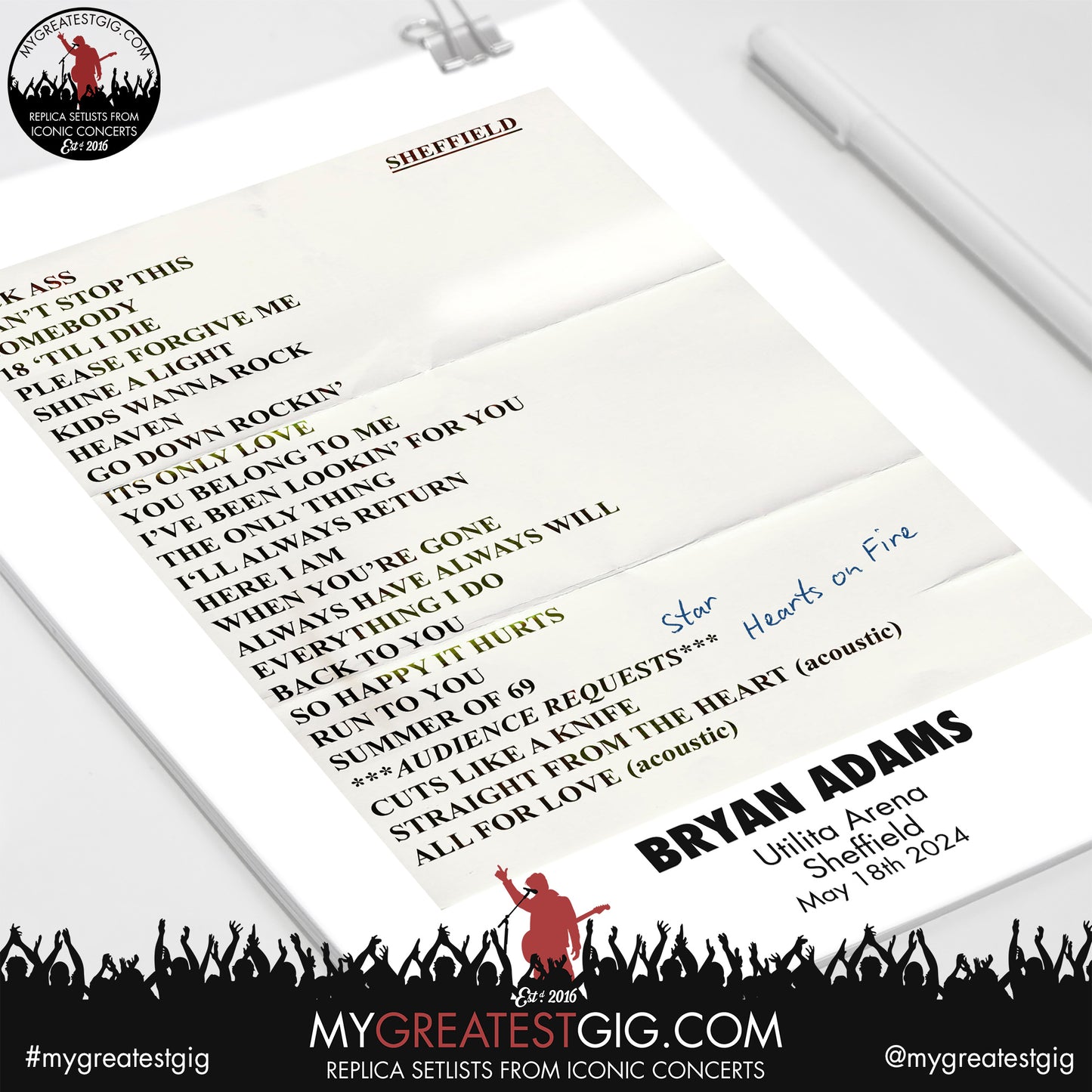 Bryan Adams - Sheffield - May 18th 2024 Replica Setlist Poster