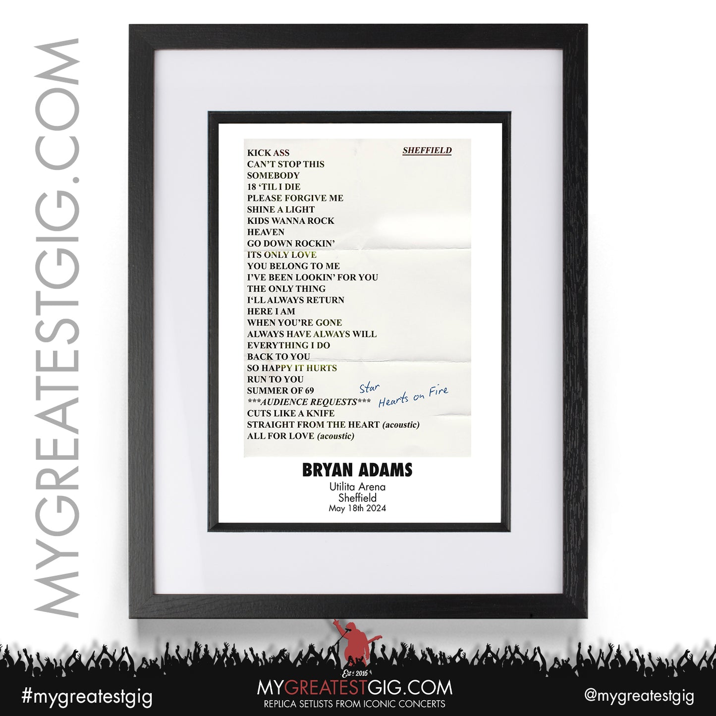Bryan Adams - Sheffield - May 18th 2024 Replica Setlist Poster