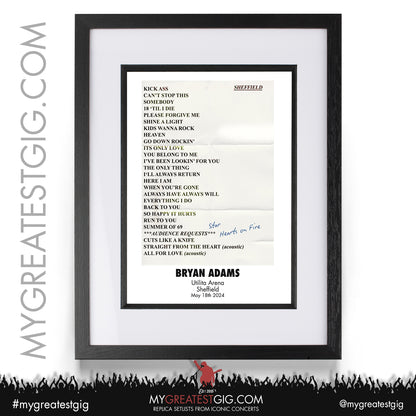 Bryan Adams - Sheffield - May 18th 2024 Replica Setlist Poster