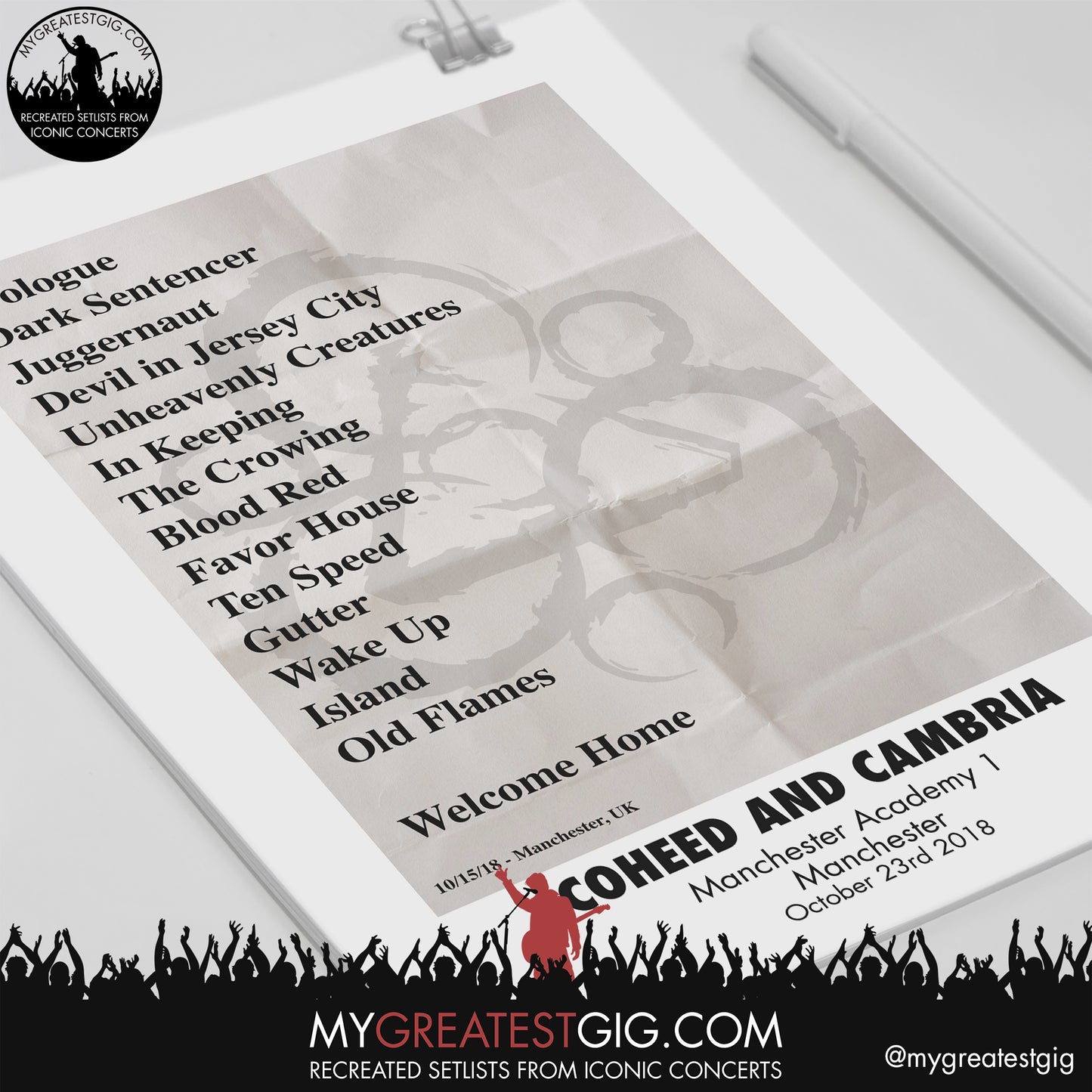Coheed And Cambria - Manchester - October 23rd 2018 Replica Setlist Poster