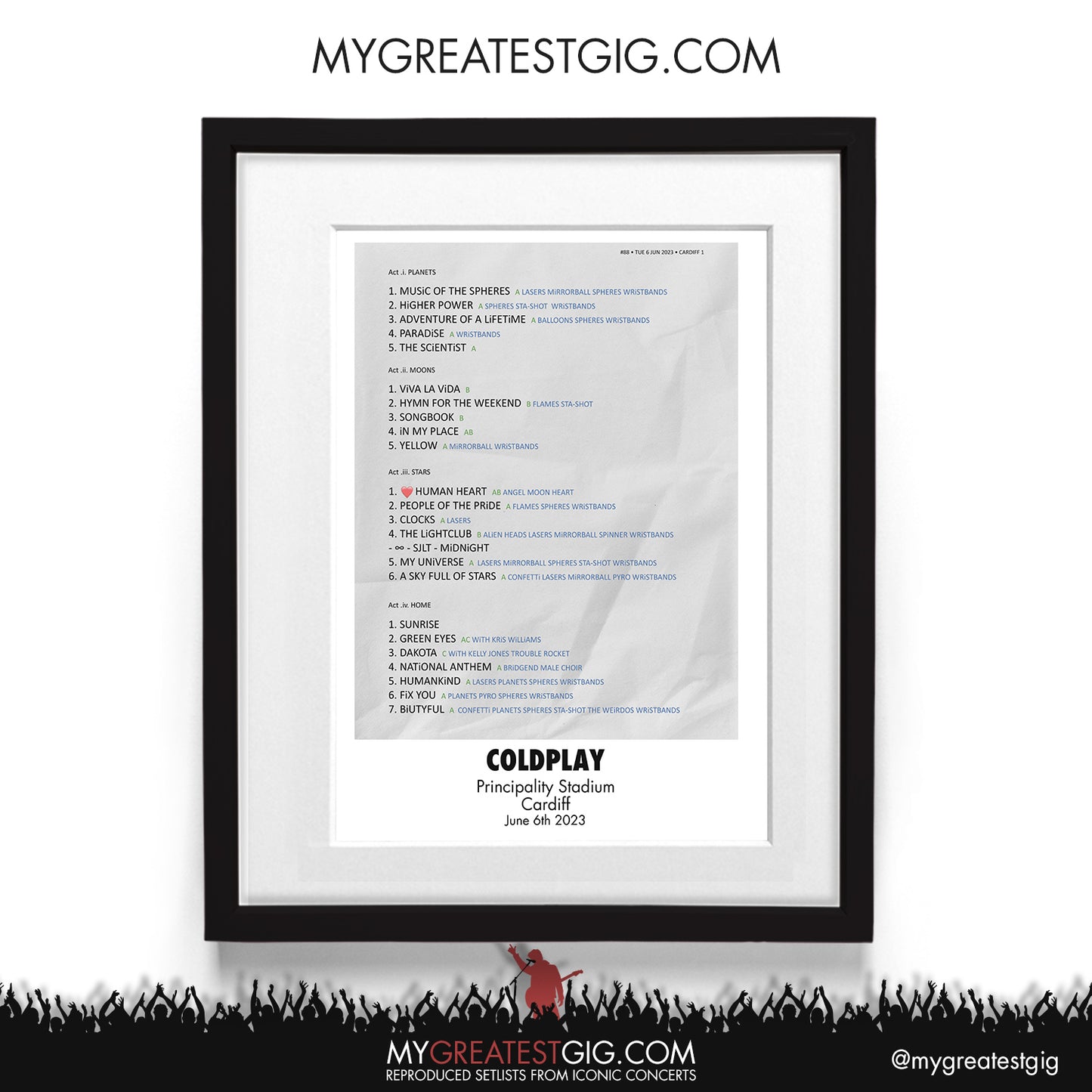 Coldplay - Cardiff - Jun 6th 2023 Recreated Setlist Poster