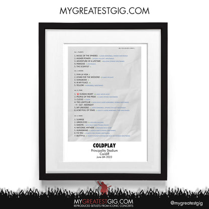 Coldplay - Cardiff - Jun 6th 2023 Recreated Setlist Poster