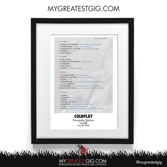 Coldplay - Cardiff - Jun 6th 2023 Recreated Setlist Poster