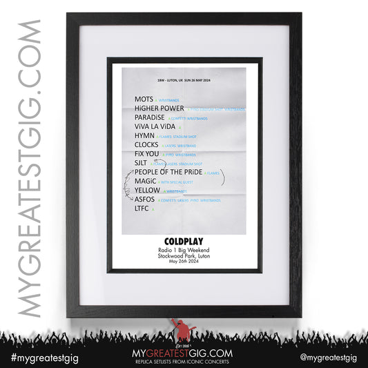 Coldplay - Luton - May 26th 2024 Replica Setlist Poster