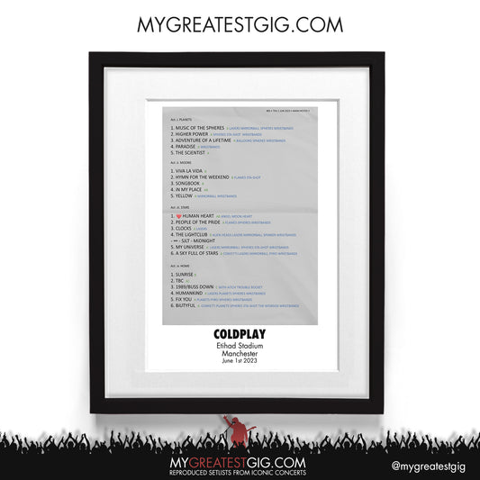 Coldplay - Manchester - June 1st 2023 Recreated Setlist Poster