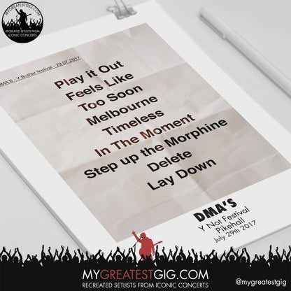 DMA's - Y Not Festival - July 29th 2017 Recreated Setlist Poster