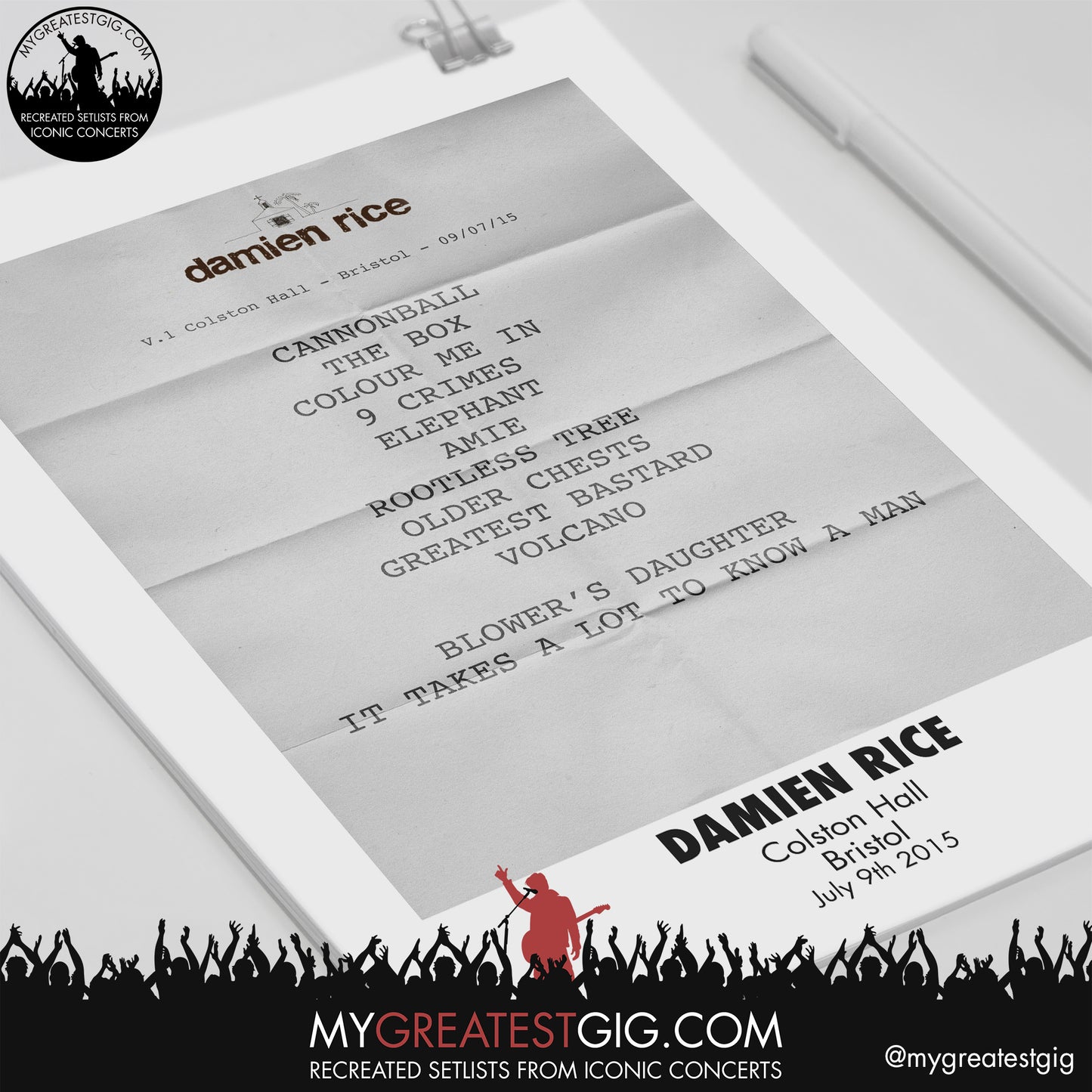 Damien Rice - Bristol - July 9th 2015 Recreated Setlist Poster