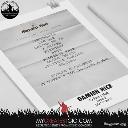Damien Rice - Bristol - July 9th 2015 Recreated Setlist Poster