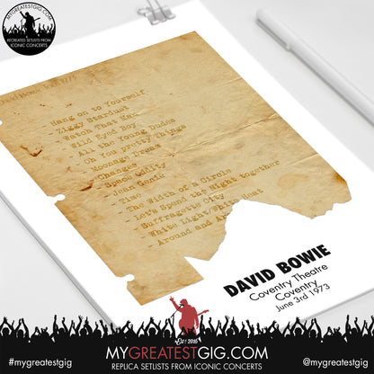 David Bowie - Coventry - June 3rd 1973 Replica Setlist Poster