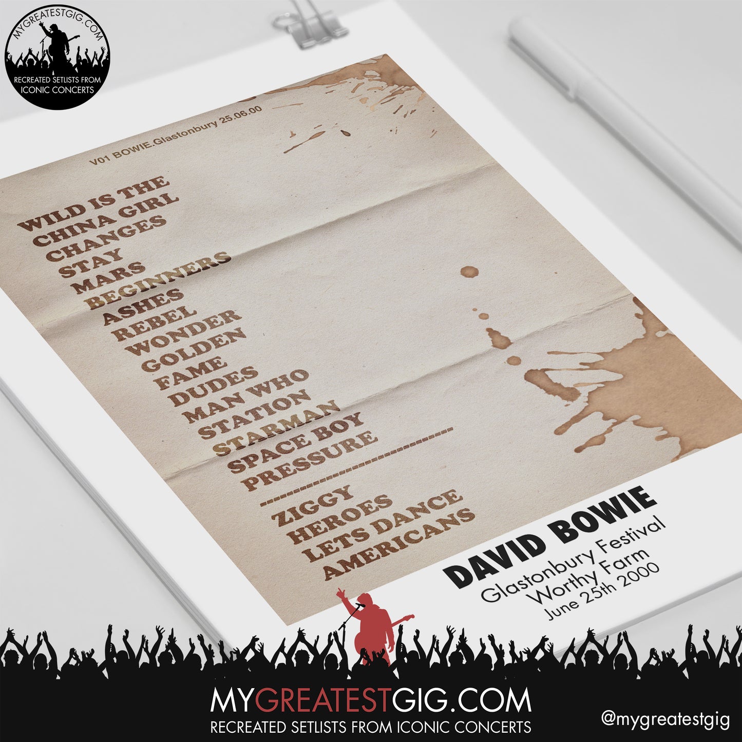 David Bowie - Glastonbury Festival - Jun 25th 2000 Recreated Set List Poster