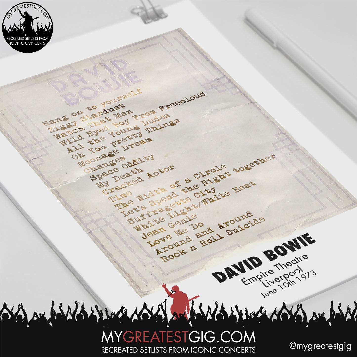 David Bowie - Liverpool - June 10th 1973 Recreated Setlist Poster