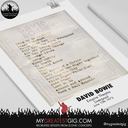 David Bowie - Liverpool - June 10th 1973 Recreated Setlist Poster