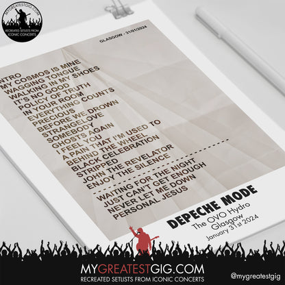 Depeche Mode - Glasgow - January 31st 2024 Replica Setlist Poster