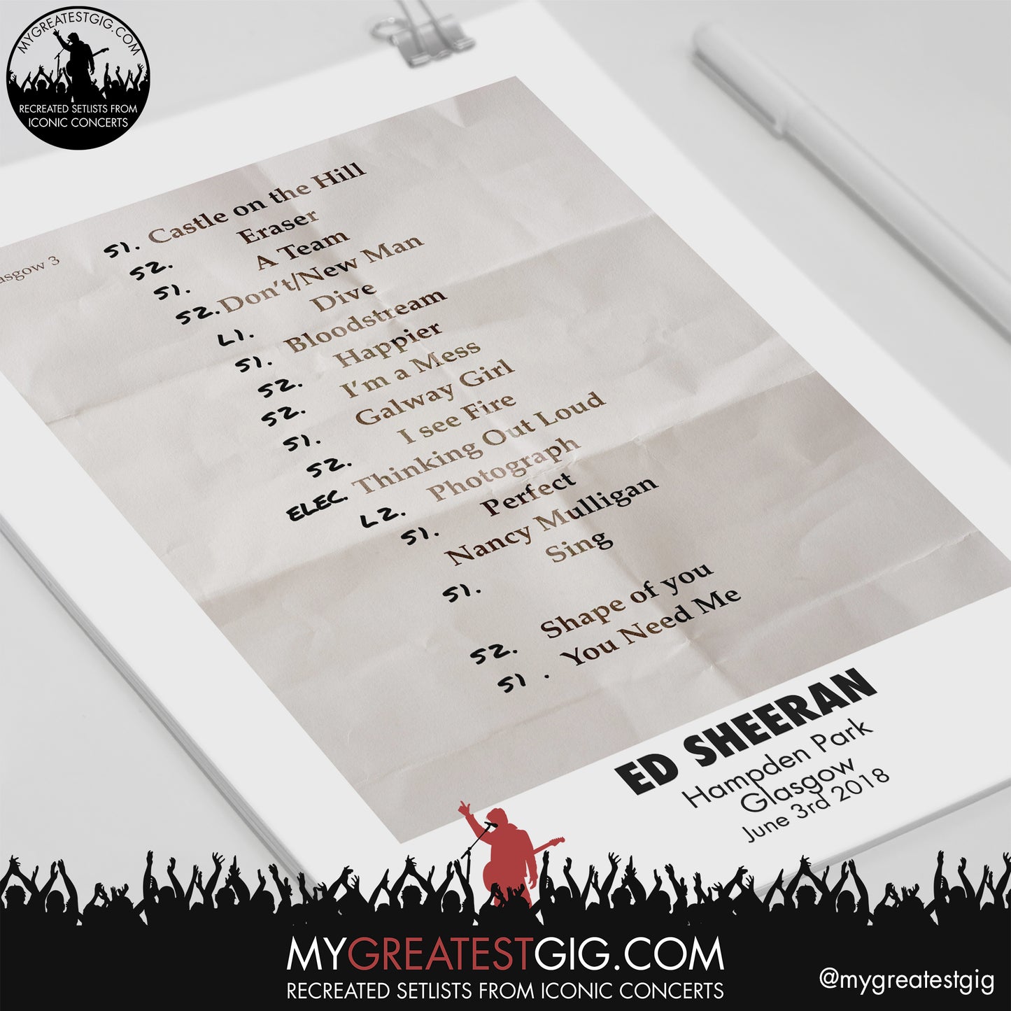 Ed Sheeran - Glasgow - June 3rd 2018 Recreated Setlist Poster