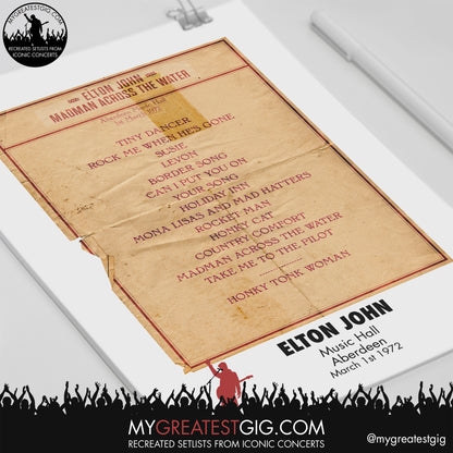 Elton John - Aberdeen - March 1st 1972 Replica Setlist Poster