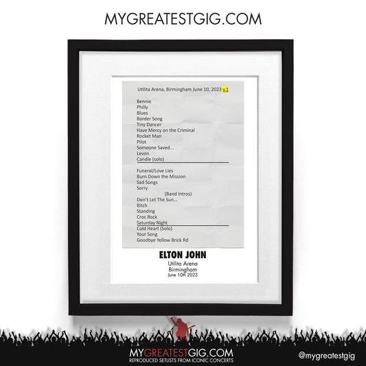 Elton John - Birmingham - June 10th 2023 Recreated Setlist Poster