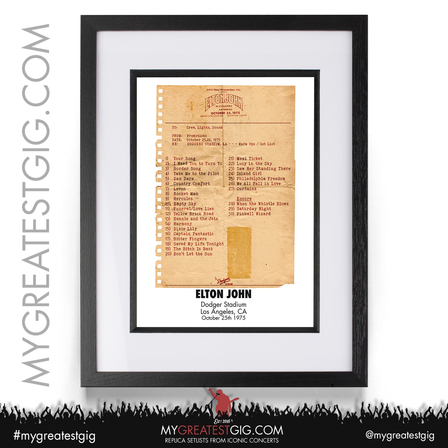 Elton John - Dodger Stadium - October 25th 1975 Replica Setlist Poster