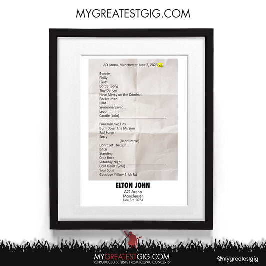 Elton John - Manchester - June 3rd 2023 Recreated Setlist Poster