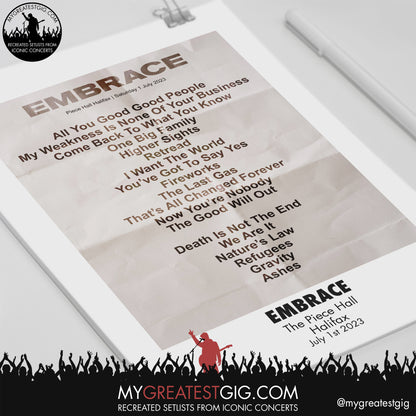 Embrace - Halifax - July 1st 2023 Recreated Setlist Poster