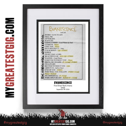 Evanescence - Sanctuary Tour 2026 - Replica Setlist Posters