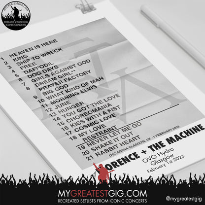 Florence + The Machine - Glasgow - February 1st 2023 Recreated Setlist Poster